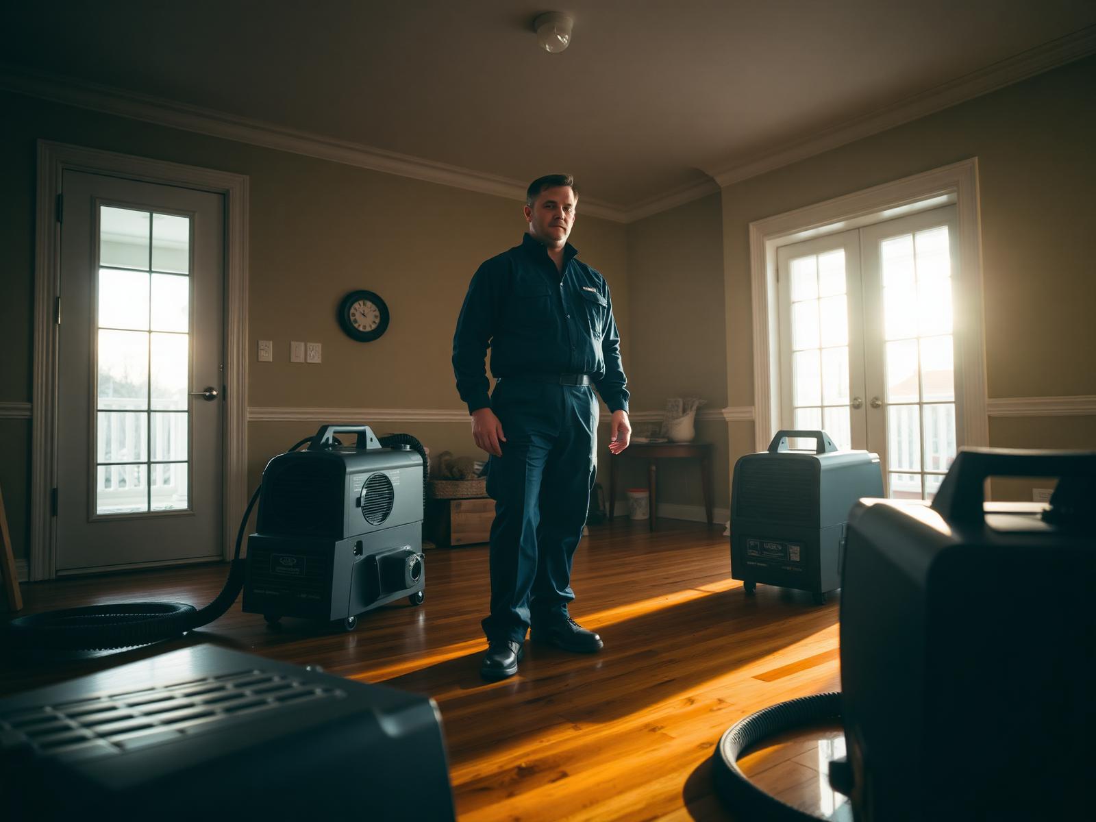 Restoration technician with drying equipment inside a water-damaged Kansas City home